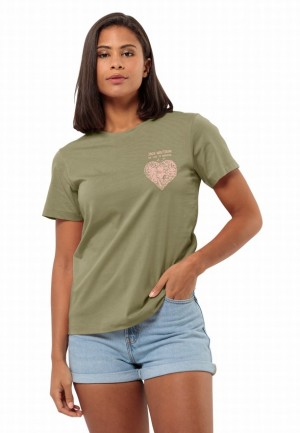 T Shirts Jack Wolfskin Discover Heart Femme Vert Olive | 20777864