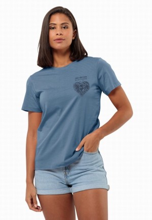 T Shirts Jack Wolfskin Discover Heart Femme Bleu | 95400316