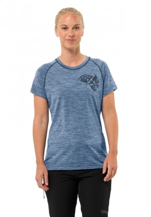 T Shirts Jack Wolfskin Kammweg Graphic S/s Femme Bleu | 10693432